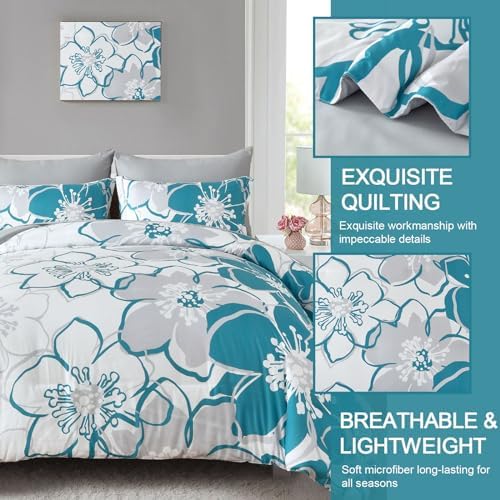 Anibedding Teal Floral Comforter Set King Size 7 Piece, Teal Blue Flower Bed in a Bag, Elegant Botanical Floral Comforter Soft Microfiber Complete Bedding Set for All Season, (Teal, 104"x90")