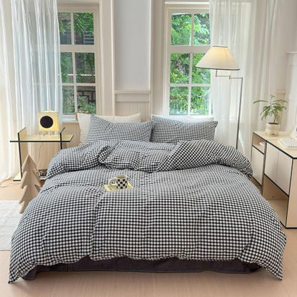 LifeTB Black Gingham Comforter Full Size Boho Plaid Checkered Pattern Comforter Geometric Grid Plaid Printed Bedding Comforter Set with 2 Pillowcases Fluffy Bed Luxury Soft Gingham Bedding Set Full