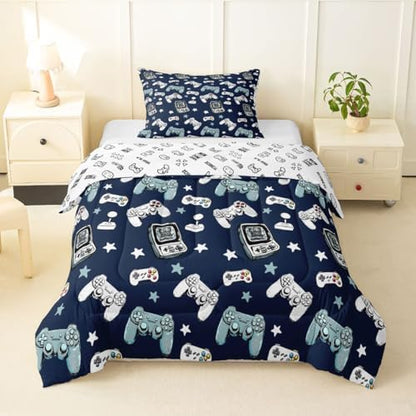 Castle Fairy Gamepad Comforter Set,Video Gaming Blue Bedding Set for Kids Teens,Kids Games Consoles Quilt Set,Duvet Insert 2 Pcs with 1 Pillowcase,Toddler