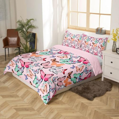 Merry Christmas Theme Bedding Set King Size for Adult Women Girls Cute Cartoon Butterfly Comforter Cover Boys Teens Kids Butterfly Pink Retro Duvet Cover 3 Pieces Soft Microfiber Reversible Bedspread