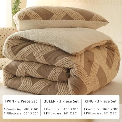 tohrisa Tufted Boho Comforter Set King - Beige Fluffy Sherpa Bedding Set, Soft Fuzzy Jacquard Quilt Set, 3 Pieces Cozy Bed Set Warm Comforter for Winter(104"X90")