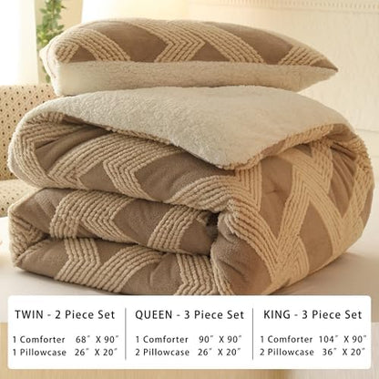 tohrisa Tufted Boho Comforter Set Twin - Beige Fluffy Sherpa Bedding Set, Soft Fuzzy Jacquard Quilt Set, 2 Pieces Cozy Bed Set Warm Comforter for Winter(68"X90")
