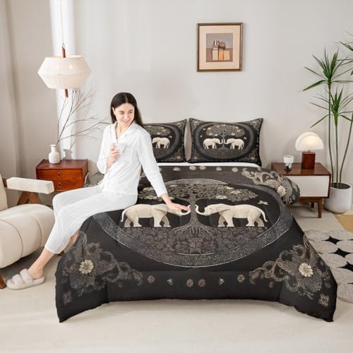 Manfei Boho Elephant Kids Comforter Set Full Size,Tree of Abstract Life Western Tribal Bedding Set,Girls Boys Room Decor,Flowers Plant Botanical Quilt Comforter,Black Retro Duvet Insert,2 Pillowcases