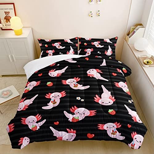 HOSIMA Kids Black Comforter Sets 3 Pieces,Cartoon Axolotl Bedding Sea Wildlife Cute Animals Theme Room Decor,Kawaii Bedding Set Strawberry Comforter King Size with 2 Pillowcases.