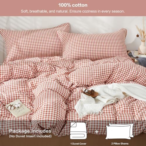 SAPHREAS Gingham Duvet Cover Set King Size, 100% Washed Cotton Linen Like Plaid Comforter Cover with Zipper Closure & Corner Ties (No Comforter), 104x90 Brick Red