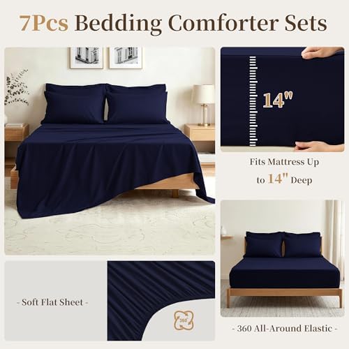 California King Comforter Set 7 Pieces - Ultra-Soft Bed in a Bag, Cozy Luxury All Season Bedding Sets with Comforter, Flat Sheet, Fitted Sheet, 2 Pillow Shams & 2 Pillowcases, Navy Blue