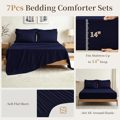 Queen Comforter Set 7 Piece with Lightweight Comforter, Navy Blue