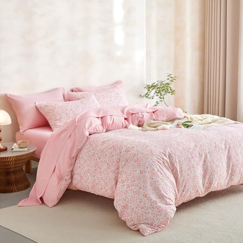 Wake In Cloud - Floral Comforter Set with Sheets, Cute Vintage Flower Cottagecore Aesthetic for Women Teen Girls, 7 Pieces Bed in a Bag, Pink, Queen Size