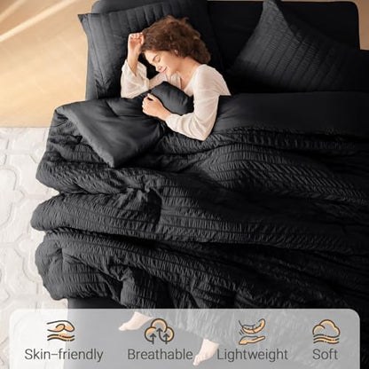 MUXHOMO 7 Pieces Oversized Queen Comforter Set, Seersucker Bed in a Bag Oversized Queen Size, All Season Luxury Bedding Set with Comforter, Flat Sheet, Fitted Sheet, Pillowcases & Shams, Black