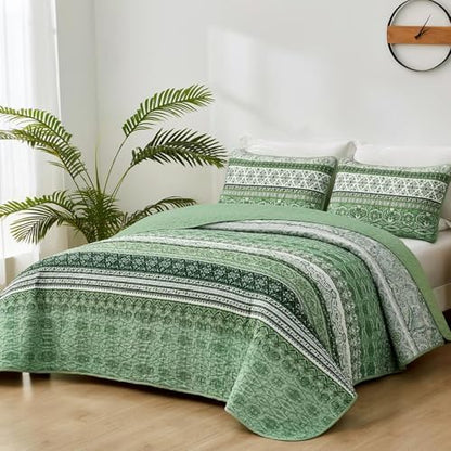 WONGS BEDDING Boho Full Quilt Bedding Set, 3 Pieces Bedspread, Light Green