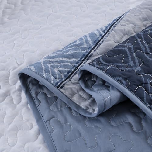 Cottolester Full Size Quilt,3 Pcs Mineral Blue Striped Plaid Bedspread
