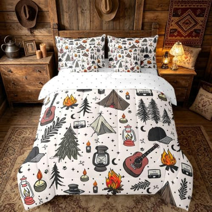 Erosebridal Kids Camper Theme Full Bedding Set 7 Piece Happy Camping Equipment Bed in A Bag with Sheets Botanical Trees Mountain Adventure Comforter Set for Boys Girls Teens,Cute Camper Bed Sets