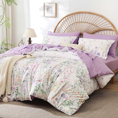 Yiran 7 Piece Floral Full Size Comforter Set, Purple Flower Comforters Bedding Set Aesthetic Botanical Bed in a Bag for Women Girls, Soft Microfiber Cottagecore Farmhouse Bed Set with Sheets