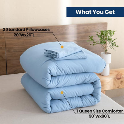 Paxrac Dusty Blue Comforter Set Queen, 3 Pieces Lightweight Solid Bedding Set, Soft Fluffy Comforter, All Season Bed Set (90"x90" Comforter & 2 Pillowcases)