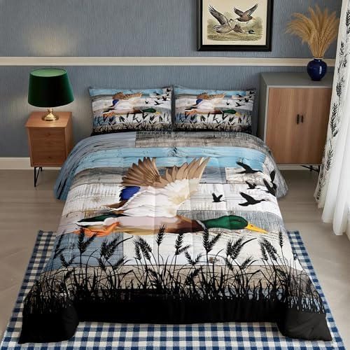 Cute Duck Comforter Set Queen Size Kids Nature Wild Animals Bedding Set 3Pcs Grey Blue Rustic Wooden Barn Quilt Set for Kids Girls Boys Adult Room Decor Men Hunting Duvet Insert,2 Pillowcases