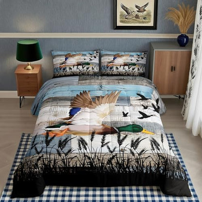Cute Duck Comforter Set Queen Size Kids Nature Wild Animals Bedding Set 3Pcs Grey Blue Rustic Wooden Barn Quilt Set for Kids Girls Boys Adult Room Decor Men Hunting Duvet Insert,2 Pillowcases