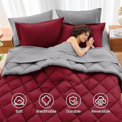 MUXHOMO 7 Pieces Oversized King Comforter Set, Reversible Bed in a Bag Oversized King Size, All Season Bedding Set with Comforter, Flat Sheet, Fitted Sheet, Pillowcases & Shams, Burgundy & Grey