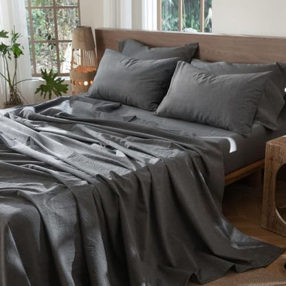 MooMee Sheet Set 100% Washed Cotton Linen-Like Extra Deep Pocket King