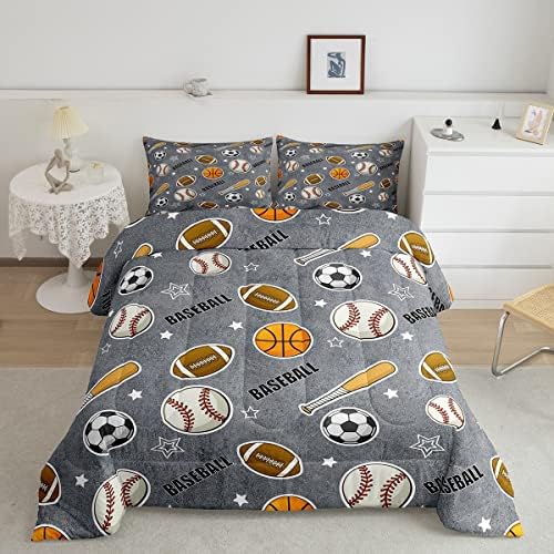 Boys Ball Sports Themed Comforter Set Full Size Baseball Bat Soccer and American Football Bedding Set 3pcs Kids Teens Cartoon Grey Quilt Set Ball Sports Games Duvet Insert Modern Bedroom Decor