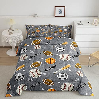 Ball Sports Themed Boys Comforter Set Queen Size Baseball Bat Soccer and American Football Bedding Set 3pcs Kids Teens Cartoon Grey Quilt Set Ball Sports Games Duvet Insert Modern Bedroom Decor