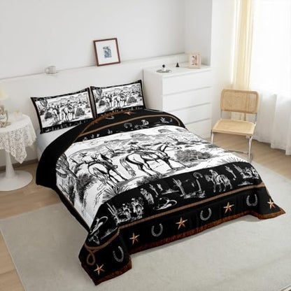 Manfei Western Comforter Set Twin Size, Cowboy Riding Horse Bedding Set 2pcs, Wild West Cactus Country Down Comforter for All Season Black White, Kids Boys Girls Room Decor, 1 Pillowcase