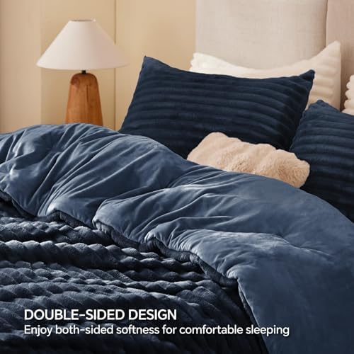 BEDELITE Fleece Oversized Queen Comforter Set, Fluffy Bed Set, Navy Blue