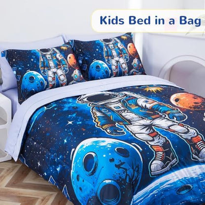 Viviland Kids Bedding Set Full Size Comforter Sets, Bed in Interstellar Astronaut Cover Set for Children