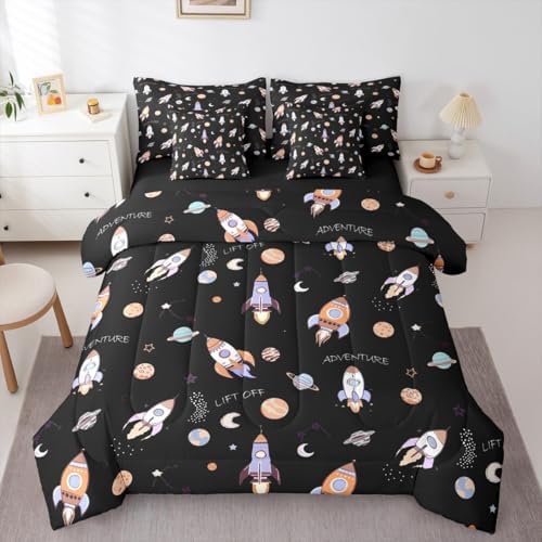 Kids Cartoon Rocket 7 Pieces Bedding Set Queen Size,Planets Galaxy Bed in a Bag,Hand-Drawn Spaceship Bed Set Includes Comforter,Sheet Set,Pillowcases & Pillow Covers,Starry Outer Space Bedroom Decor