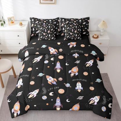 Kids Cartoon Rocket 7 Pieces Bedding Set King Size,Planets Galaxy Bed in a Bag,Hand-Drawn Spaceship Bed Set Includes Comforter,Sheet Set,Pillowcases & Pillow Covers,Starry Outer Space Bedroom Decor