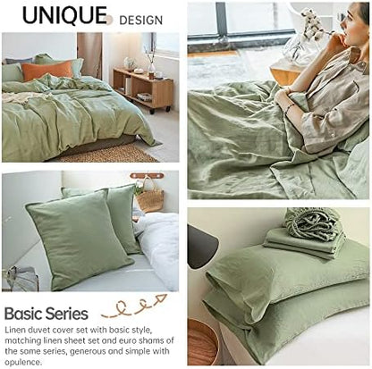 Simple&Opulence 100% Linen Duvet Cover Set 3pcs Basic Style Natural French Washed Flax Solid Color Soft Breathable Farmhouse Bedding with Button Closure - Sage Green, Queen