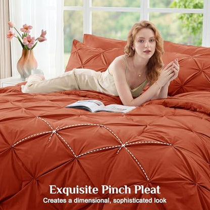 JOLLYVOGUE California King Comforter Set 7 Pieces - Bed in a Bag Cal King for All Season, Pintuck Bedding Comforter Sets with Comforter, Flat Sheet, Fitted Sheet and Pillowcases & Shams, Burnt Orange