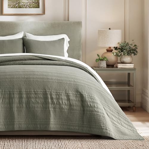 EVERGRACEHOME 100% Cotton Quilt Set Oversized Cal King, Olive Green