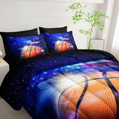 7pcs Sports Comforter Set 3D Basketball Printed Bedding Set with 1 Comforter, 1 Flat Sheet, 1 Fitted Sheet and 4 Pillowcases for Boys and Girls Bedroom (Basketball Full