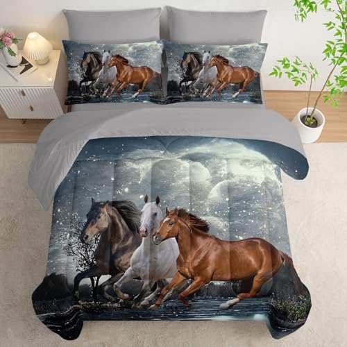 7Pcs Comforter Set 3D Western Horses Printed Bedding Set with 1 Comforter, 1 Flat Sheet, 1 Fitted Sheet and 4 Pillowcases for Boys and Girls Bedroom All Season(Horses Twin)