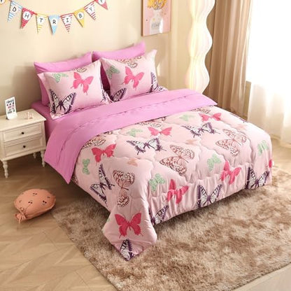Pink Girls Butterfly Bedding Comforter Set Twin Size 7 Piece Glow in The Dark Butterfly Comforter with Sheets & Pillowcases Soft Microfiber Bed in A Bag for Kids Teens All Season
