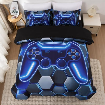 NTBED 3D Gaming Comforter Set for Boys Kids Teens,5pcs Gamer Bedding Sets with Sheet,Game Console Bed in a Bag(Blue, Queen)