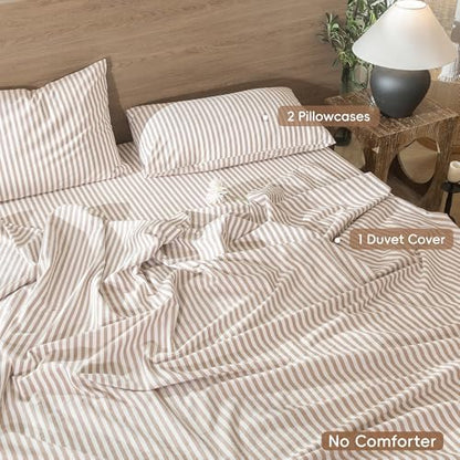 MooMee Striped Duvet Cover Set 100% Washed Cotton Linen Like Super King