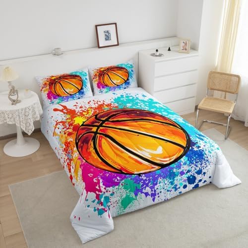 Teens Basketball King Size Comforter Set Kids Watercolor Tie-dye Decor All Season Bedding Set for Girls Teens Sports Gaming Comforter Graffiti Hip Hop Decor Quilt Set Bedroom Collection 3Pcs
