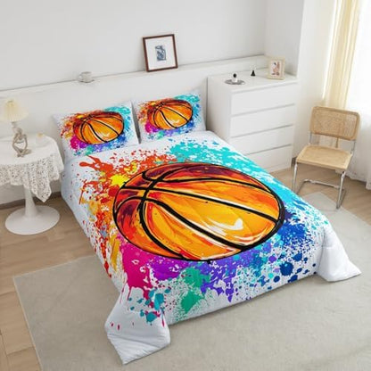 Teens Basketball King Size Comforter Set Kids Watercolor Tie-dye Decor All Season Bedding Set for Girls Teens Sports Gaming Comforter Graffiti Hip Hop Decor Quilt Set Bedroom Collection 3Pcs