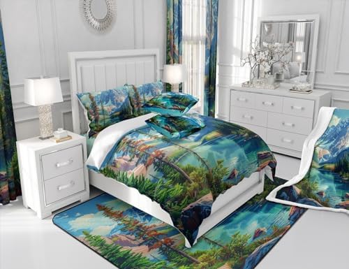 Camping Comforter Set King Size,Lake House Woodland Bedding Set for Kids Teens Adults Room Decor,Adventure Theme Microfiber Soft Quilt Set,Nature Scenery Mountain Duvet Insert 3Pcs,2 Pillowcases