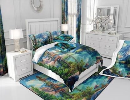 Camping Comforter Set King Size,Lake House Woodland Bedding Set for Kids Teens Adults Room Decor,Adventure Theme Microfiber Soft Quilt Set,Nature Scenery Mountain Duvet Insert 3Pcs,2 Pillowcases