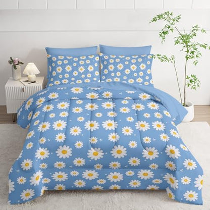 7Pcs Comforter Set Daisy Flowers Printed Bedding Set with 1 Comforter,1 Flat Sheet,1 Fitted Sheet and 4 Pillowcases for Men and Women Bedroom All Season(Full)