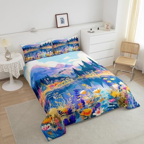 Blossom Flower Comforter Set King Size,Spring Nature Scenery Duvet Insert for Kids Girls Women Room Decor,Lake Mountain Pine Tree Bedding Set 3Pcs,Colorful Floral Garden Quilt Set,2 Pillowcases