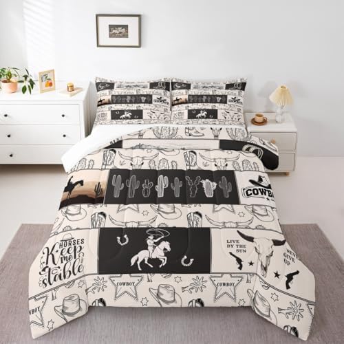 Western Cowboy Kids Comforter Set Queen Size,Cowboy Boots Horseshoe Farmhouse Bedding Set,Boys Girls Adults Room Decor,Cow Skull Cactus Rustic Down Comforter,Beige Retro Duvet Insert,2 Pillowcases