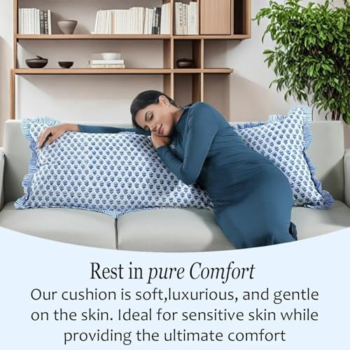CPC Block Print Apatite Blue Ruffle Cotton Lumbar Pillow Cover 20x54 inch