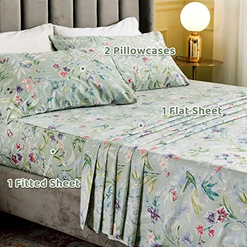 QSH Green Floral Queen Size Sheet Sets - Green Flower Bird Butterfly Print Botanical Bedding Egyptian Cotton Printed Sheets Queen Size Bed Extra Soft and Breathable 17.5" Deep Pockets Bed Sheets 4pcs