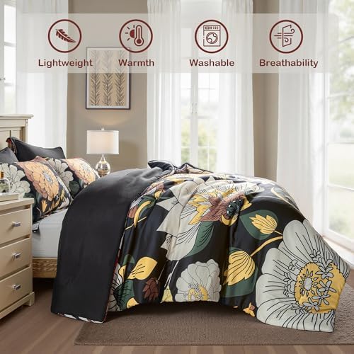 Tyrot Black Boho Floral Queen Comforter Set - 3 Piece Farmhouse Botanical Bedding Comforter Sets for All Season Soft Lightweight Mid Century Bed Set, (1 Reversible Comforter and 2 Pillow Shams