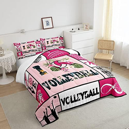 Manfei Volleyball Comforter Set King Size, Sports Theme Quilt Set with 2 Pillowcases, Geometric Checks Pink Grid Bedding Set 3pcs for Kids Boys Girls Room Decor, Ball Gaming Duvet Insert