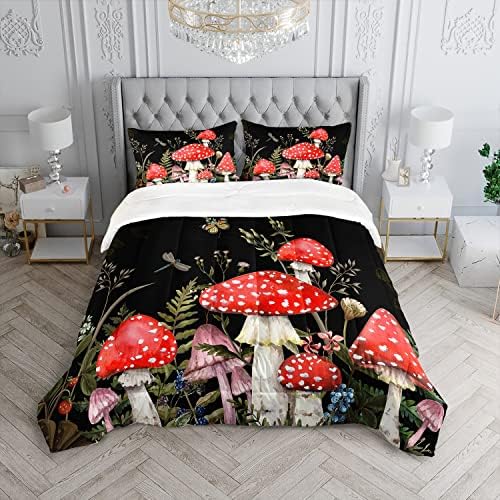 Red Mushroom Kawaii Comforter Set Queen Size Kids Mushroom Dragonfly Bedding Set Botanical Plant Theme Print Quilt Bed Set for Boys Girls Adults with 1 Comforter and 2 Pillowcases
