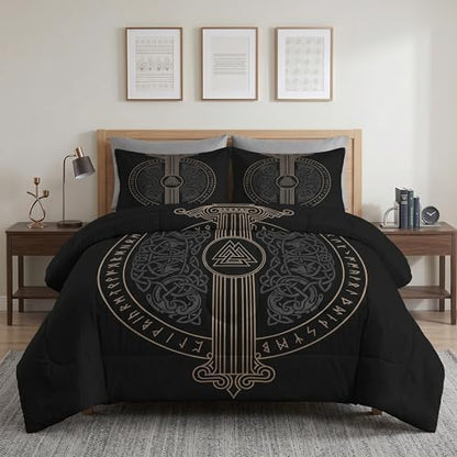 Pamnest Comforter Set Full Size, Tree Viking Norse Soft 3 Pcs Bedding for Kids and Adults, Dragon Medieval Gothic Comforter Set with 2 Pillowcases, for Bedroom Bed Decor